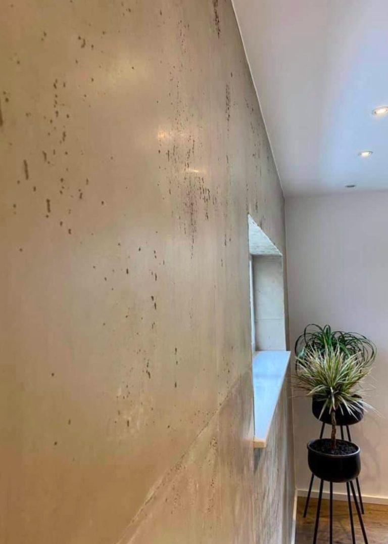 Mikrozement Wand Wand mit heller Putzoberfläche und einer Pflanzenvase im Hintergrund.