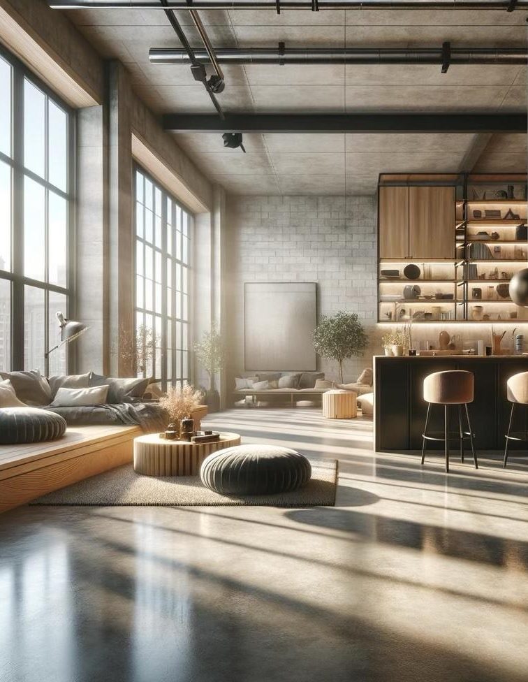 Mikrozement Boden Modernes Loft mit großen Fenstern, Holz- und Betonkonstruktionen, gemütlichen Sitzbereichen und einem Mikrozement Boden.